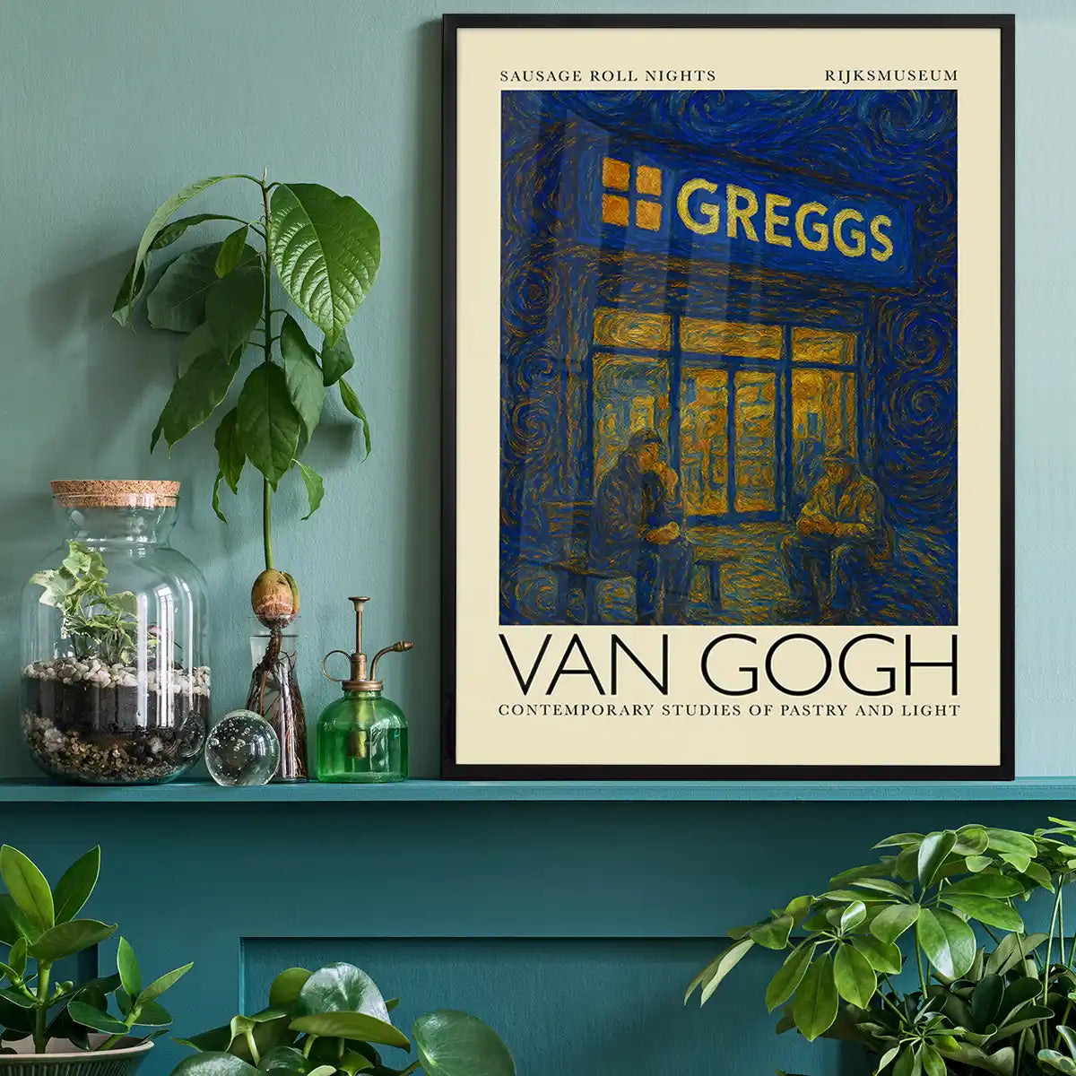 Van Gogh style Greggs parody painting print shown in a lifestyle room mockup
