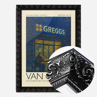 Van Gogh style Greggs parody painting print in an ornate black frame, side profile