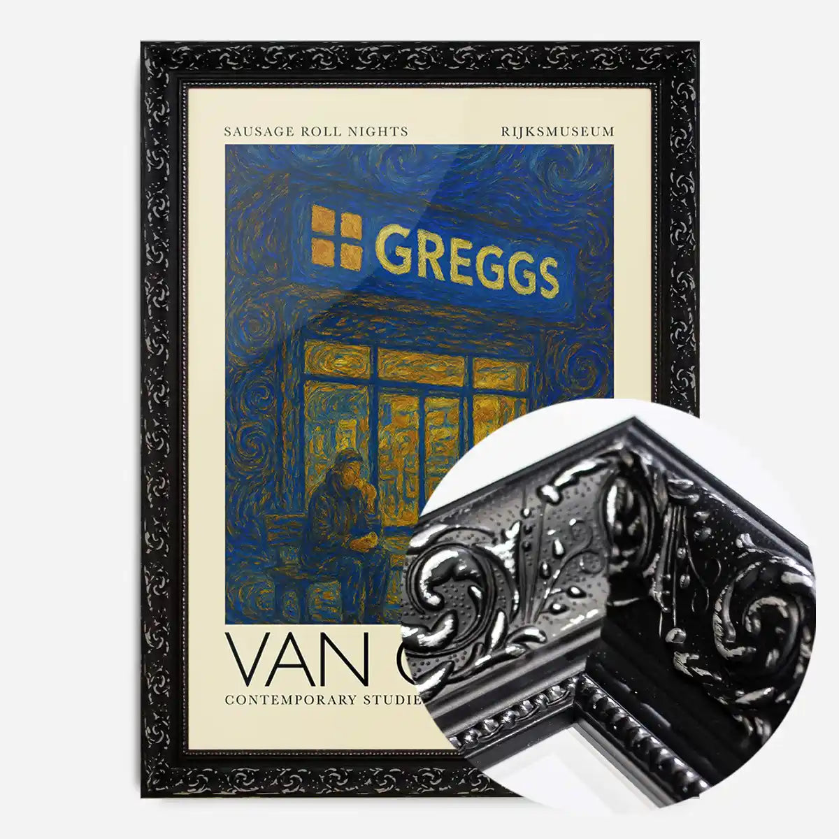 Van Gogh style Greggs parody painting print in an ornate black frame, side profile