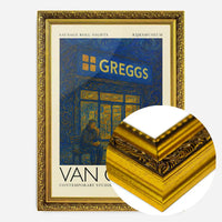 Van Gogh style Greggs parody painting print in an ornate gold frame, side profile