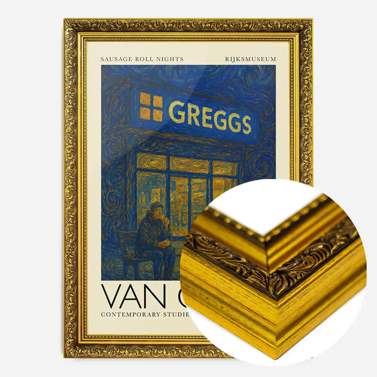Van Gogh style Greggs parody painting print in an ornate gold frame, side profile