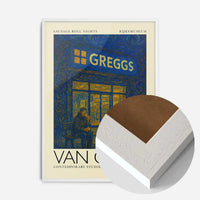 Van Gogh style Greggs parody painting print in a white wood frame, side profile