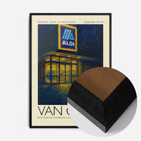 Van Gogh style Aldi parody painting print in a black wood frame, side profile