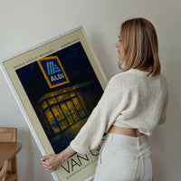 Van Gogh style Aldi parody painting print displayed on a wall in a styled room
