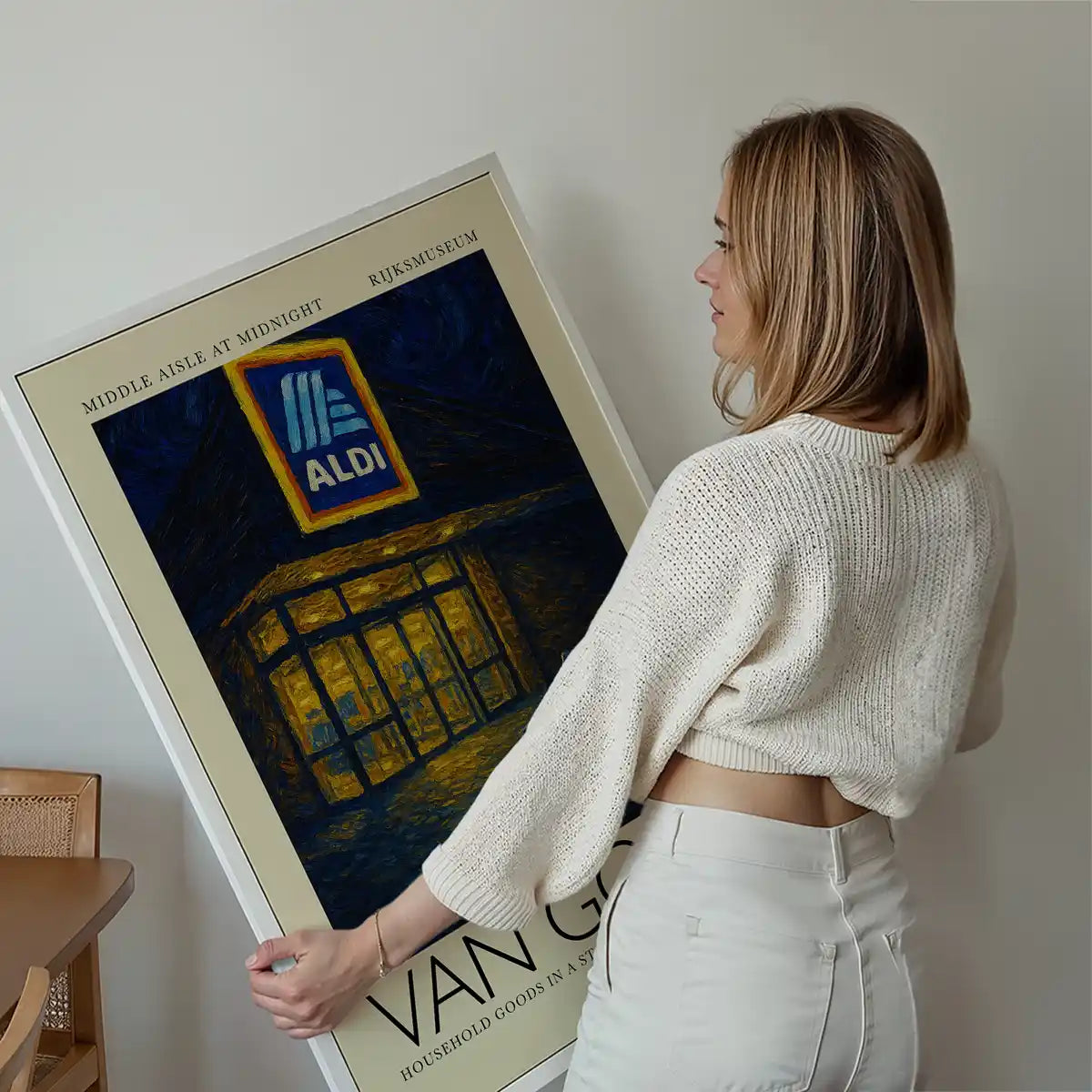 Van Gogh style Aldi parody painting print displayed on a wall in a styled room