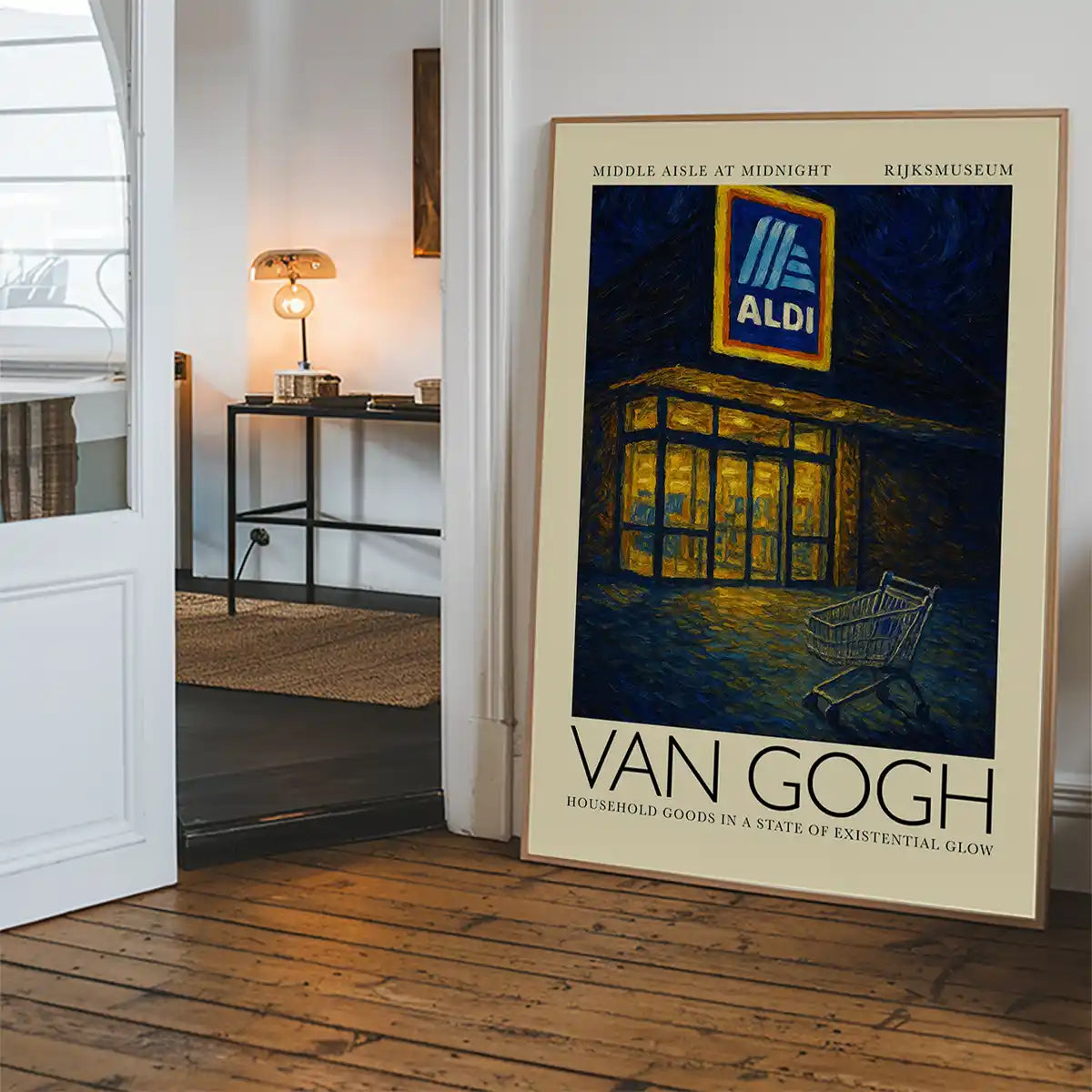 Van Gogh style Aldi parody painting print shown framed in a home interior