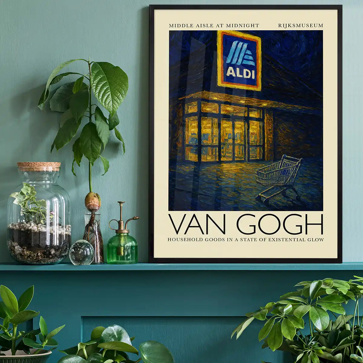 Van Gogh style Aldi parody painting print shown in a lifestyle room mockup