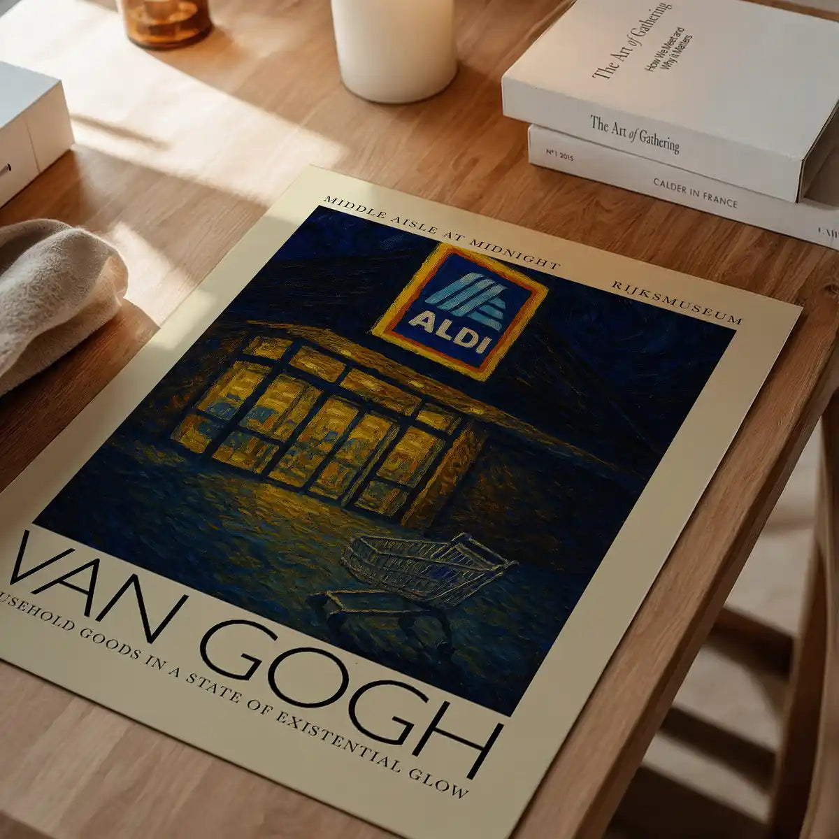 Van Gogh style Aldi parody painting print shown close up to show print detail