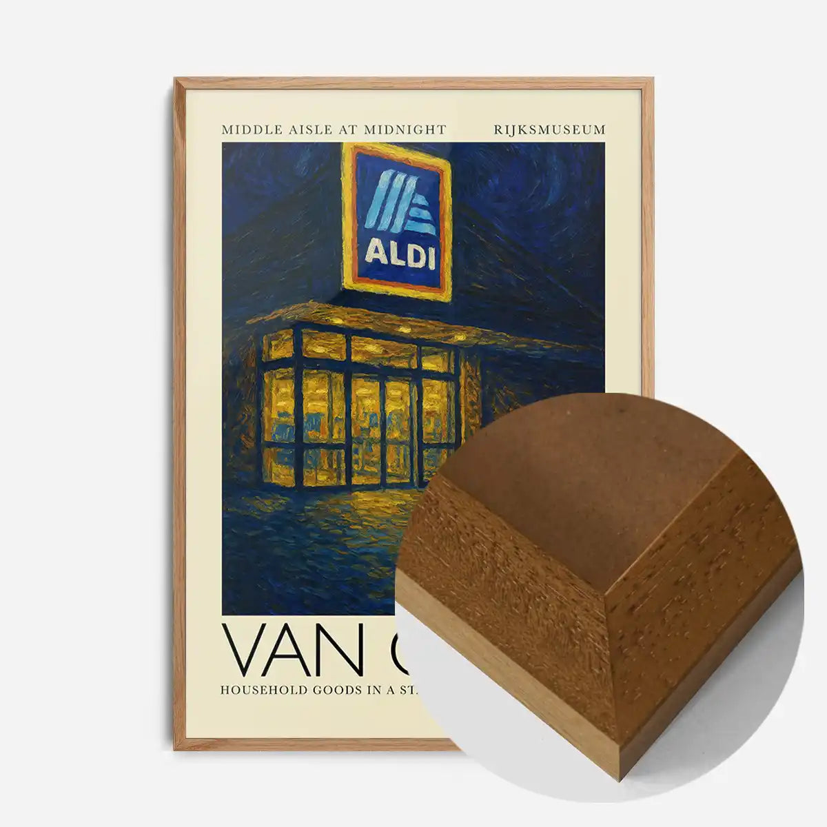 Van Gogh style Aldi parody painting print in an oak wood frame, side profile