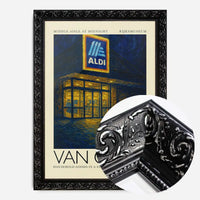 Van Gogh style Aldi parody painting print in an ornate black frame, side profile