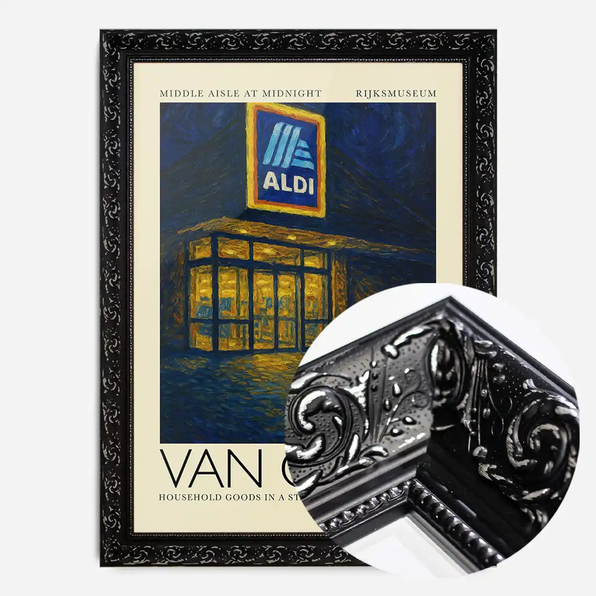 Van Gogh style Aldi parody painting print in an ornate black frame, side profile