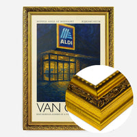 Van Gogh style Aldi parody painting print in an ornate gold frame, side profile