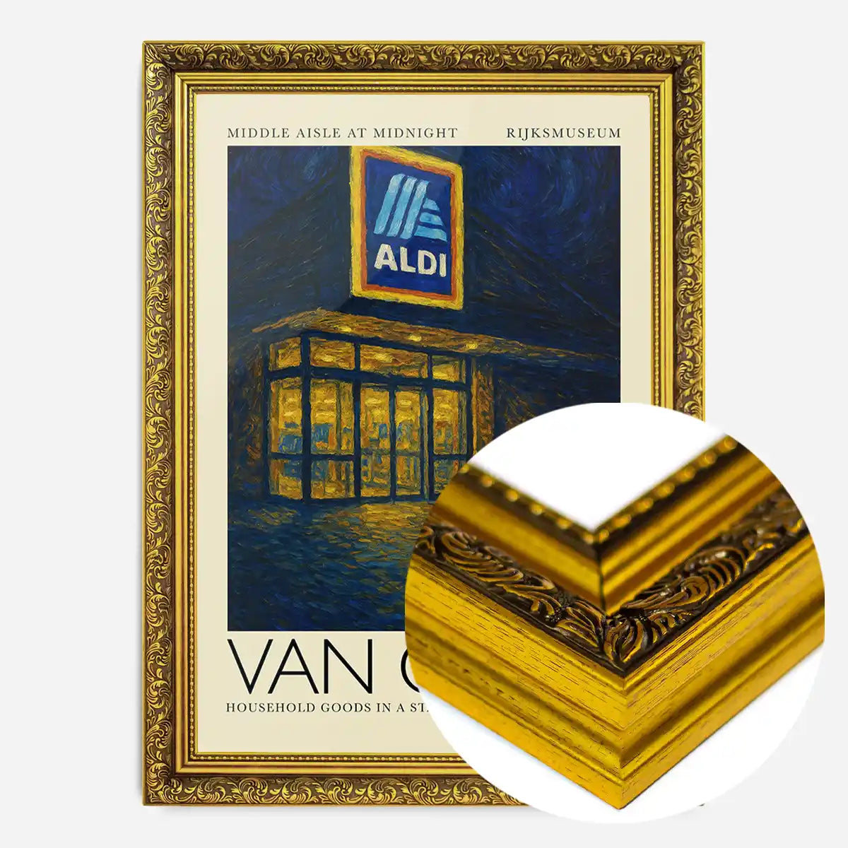 Van Gogh style Aldi parody painting print in an ornate gold frame, side profile