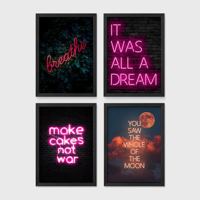 Set of 4 framed prints, pink typographic quote prints: "Let's Stay Home" bold retro typography; a peace-sign hand illustration filled with uplifting text; "This Kitchen Is For Dancing" bold retro typography; and a second peace-sign hand illustration filled with uplifting text — unframed