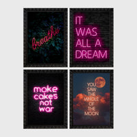 Set of 4 framed prints, pink typographic quote prints: "Let's Stay Home" bold retro typography; a peace-sign hand illustration filled with uplifting text; "This Kitchen Is For Dancing" bold retro typography; and a second peace-sign hand illustration filled with uplifting text — unframed