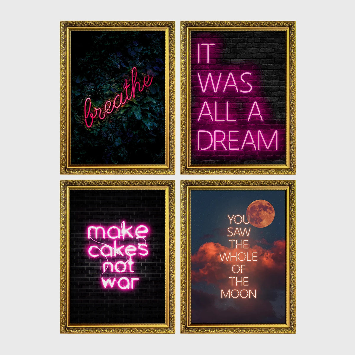 Set of 4 framed prints, pink typographic quote prints: "Let's Stay Home" bold retro typography; a peace-sign hand illustration filled with uplifting text; "This Kitchen Is For Dancing" bold retro typography; and a second peace-sign hand illustration filled with uplifting text — unframed