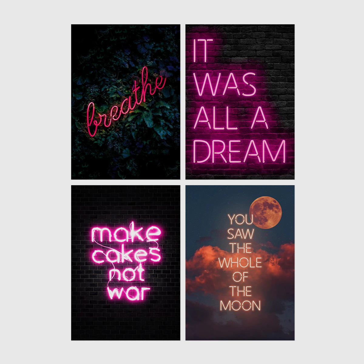 Set of 4 framed prints, pink typographic quote prints: "Let's Stay Home" bold retro typography; a peace-sign hand illustration filled with uplifting text; "This Kitchen Is For Dancing" bold retro typography; and a second peace-sign hand illustration filled with uplifting text — unframed