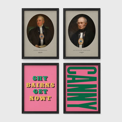 Set of 4 framed prints, Newcastle & Geordie dialect prints: a vintage portrait of a Newcastle notable in a sepia oval frame; a second vintage portrait of a Newcastle notable in a sepia oval frame; the Geordie slogan "Shy Bairns Get Nowt" in bold retro type on pink; and the word "Canny" in bold green retro type on pink — unframed
