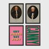 Set of 4 framed prints, Newcastle & Geordie dialect prints: a vintage portrait of a Newcastle notable in a sepia oval frame; a second vintage portrait of a Newcastle notable in a sepia oval frame; the Geordie slogan "Shy Bairns Get Nowt" in bold retro type on pink; and the word "Canny" in bold green retro type on pink — unframed