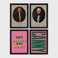 Set of 4 framed prints, Newcastle & Geordie dialect prints: a vintage portrait of a Newcastle notable in a sepia oval frame; a second vintage portrait of a Newcastle notable in a sepia oval frame; the Geordie slogan "Shy Bairns Get Nowt" in bold retro type on pink; and the word "Canny" in bold green retro type on pink — unframed