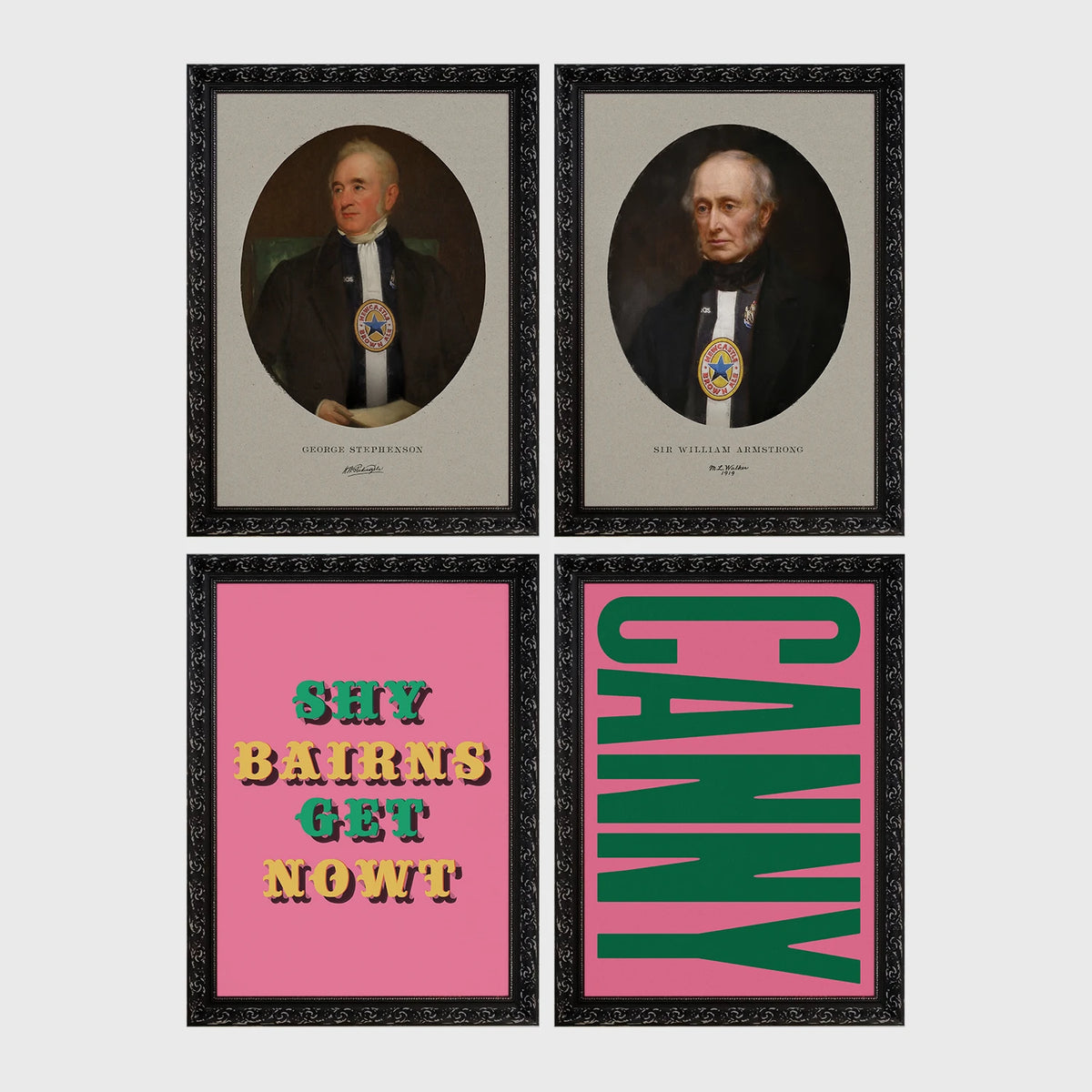 Set of 4 framed prints, Newcastle & Geordie dialect prints: a vintage portrait of a Newcastle notable in a sepia oval frame; a second vintage portrait of a Newcastle notable in a sepia oval frame; the Geordie slogan "Shy Bairns Get Nowt" in bold retro type on pink; and the word "Canny" in bold green retro type on pink — unframed