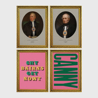 Set of 4 framed prints, Newcastle & Geordie dialect prints: a vintage portrait of a Newcastle notable in a sepia oval frame; a second vintage portrait of a Newcastle notable in a sepia oval frame; the Geordie slogan "Shy Bairns Get Nowt" in bold retro type on pink; and the word "Canny" in bold green retro type on pink — unframed