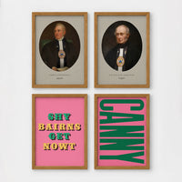 Set of 4 framed prints, Newcastle & Geordie dialect prints: a vintage portrait of a Newcastle notable in a sepia oval frame; a second vintage portrait of a Newcastle notable in a sepia oval frame; the Geordie slogan "Shy Bairns Get Nowt" in bold retro type on pink; and the word "Canny" in bold green retro type on pink — unframed
