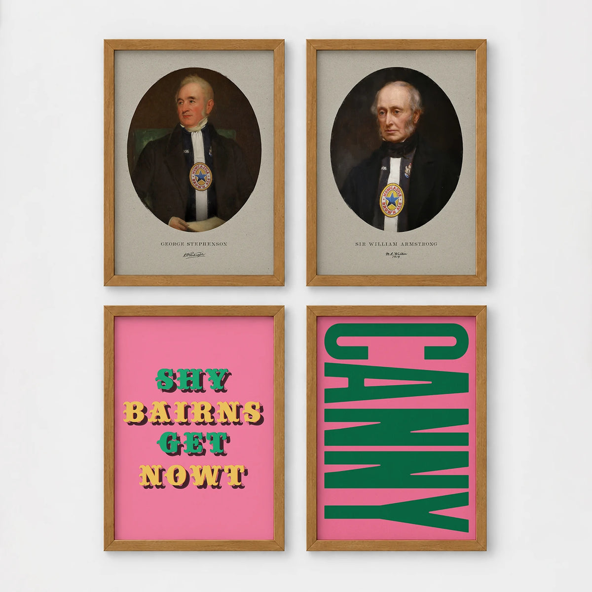 Set of 4 framed prints, Newcastle & Geordie dialect prints: a vintage portrait of a Newcastle notable in a sepia oval frame; a second vintage portrait of a Newcastle notable in a sepia oval frame; the Geordie slogan "Shy Bairns Get Nowt" in bold retro type on pink; and the word "Canny" in bold green retro type on pink — unframed