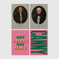 Set of 4 framed prints, Newcastle & Geordie dialect prints: a vintage portrait of a Newcastle notable in a sepia oval frame; a second vintage portrait of a Newcastle notable in a sepia oval frame; the Geordie slogan "Shy Bairns Get Nowt" in bold retro type on pink; and the word "Canny" in bold green retro type on pink — unframed