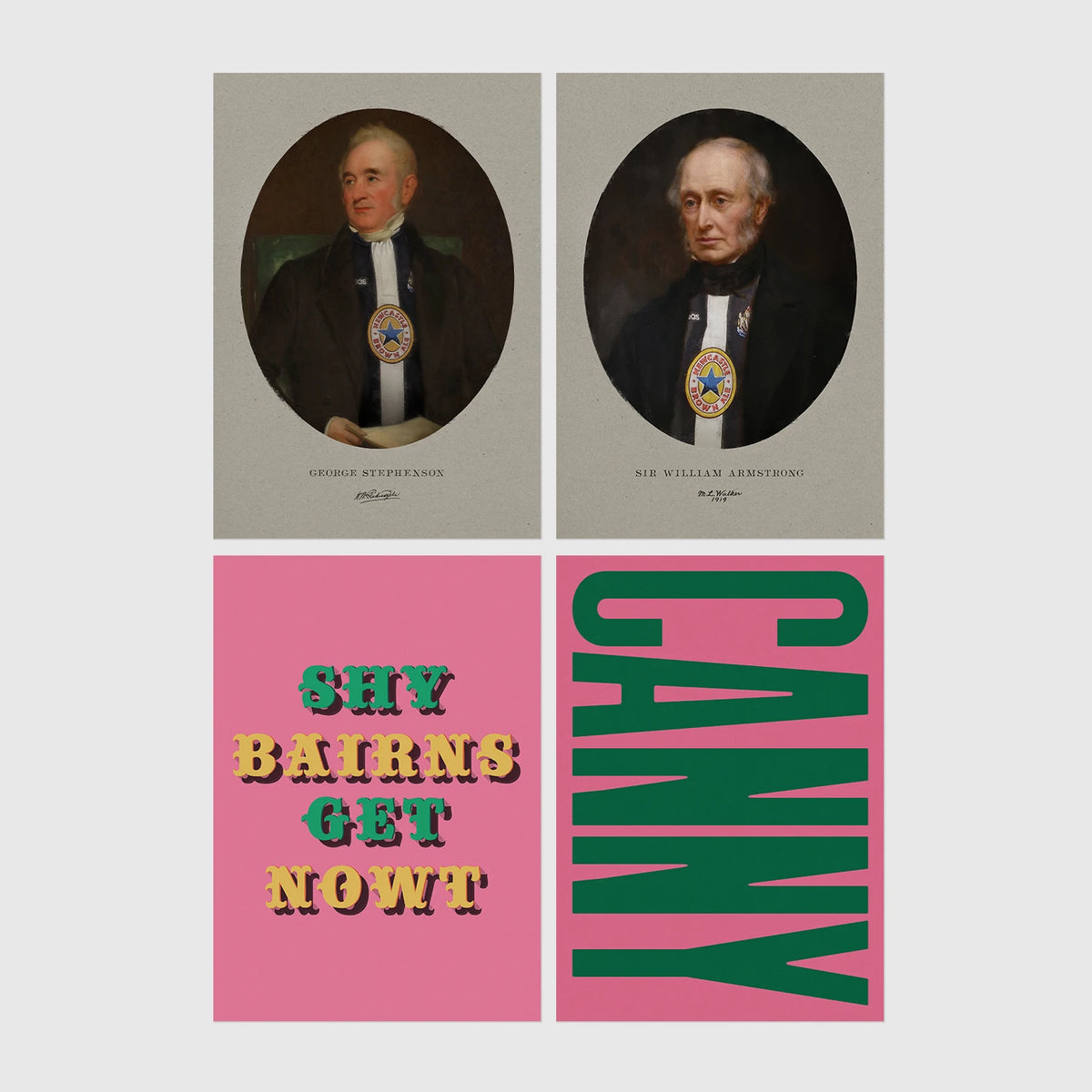 Set of 4 framed prints, Newcastle & Geordie dialect prints: a vintage portrait of a Newcastle notable in a sepia oval frame; a second vintage portrait of a Newcastle notable in a sepia oval frame; the Geordie slogan "Shy Bairns Get Nowt" in bold retro type on pink; and the word "Canny" in bold green retro type on pink — unframed