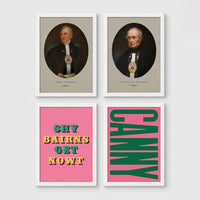 Set of 4 framed prints, Newcastle & Geordie dialect prints: a vintage portrait of a Newcastle notable in a sepia oval frame; a second vintage portrait of a Newcastle notable in a sepia oval frame; the Geordie slogan "Shy Bairns Get Nowt" in bold retro type on pink; and the word "Canny" in bold green retro type on pink — unframed
