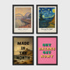 Set of 4 framed prints, Newcastle-themed reimagined masterpieces: a Monet-style impressionist painting of the Tyne Bridge, signed "Claude Monet"; a Van Gogh Starry Night-style painting over the Newcastle skyline, signed "Vincent Van Gogh"; "Made in the North" over a coastal castle landscape; and the Geordie slogan "Shy Bairns Get Nowt" in bold retro type on pink — unframed