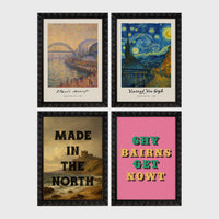 Set of 4 framed prints, Newcastle-themed reimagined masterpieces: a Monet-style impressionist painting of the Tyne Bridge, signed "Claude Monet"; a Van Gogh Starry Night-style painting over the Newcastle skyline, signed "Vincent Van Gogh"; "Made in the North" over a coastal castle landscape; and the Geordie slogan "Shy Bairns Get Nowt" in bold retro type on pink — unframed