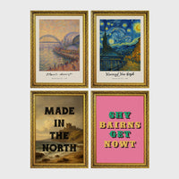 Set of 4 framed prints, Newcastle-themed reimagined masterpieces: a Monet-style impressionist painting of the Tyne Bridge, signed "Claude Monet"; a Van Gogh Starry Night-style painting over the Newcastle skyline, signed "Vincent Van Gogh"; "Made in the North" over a coastal castle landscape; and the Geordie slogan "Shy Bairns Get Nowt" in bold retro type on pink — unframed
