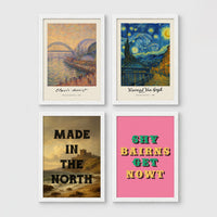 Set of 4 framed prints, Newcastle-themed reimagined masterpieces: a Monet-style impressionist painting of the Tyne Bridge, signed "Claude Monet"; a Van Gogh Starry Night-style painting over the Newcastle skyline, signed "Vincent Van Gogh"; "Made in the North" over a coastal castle landscape; and the Geordie slogan "Shy Bairns Get Nowt" in bold retro type on pink — unframed