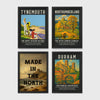 Set of 4 framed prints, vintage North East England travel posters: a "Tynemouth - For Happy Seaside Outings" vintage travel poster; a "Northumberland - For Joyful Country Rambles" vintage travel poster; "Made in the North" over a coastal castle landscape; and a "Durham - For Cobbled Adventures" vintage travel poster — unframed