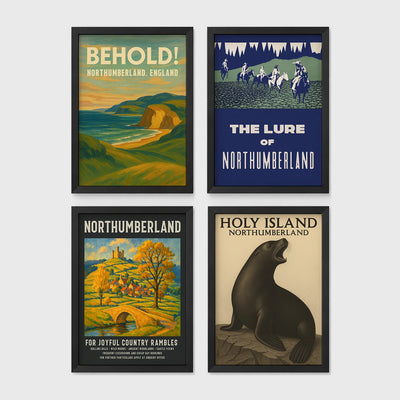 Set of 4 framed prints, vintage Northumberland travel posters: a "Behold! Northumberland, England" coastal landscape poster; a "The Lure of Northumberland" poster of riders at night; a "Northumberland - For Joyful Country Rambles" village poster; and a "Holy Island Northumberland" poster featuring a seal — unframed