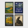 Set of 4 framed prints, vintage Northumberland travel posters: a "Behold! Northumberland, England" coastal landscape poster; a "The Lure of Northumberland" poster of riders at night; a "Northumberland - For Joyful Country Rambles" village poster; and a "Holy Island Northumberland" poster featuring a seal — unframed