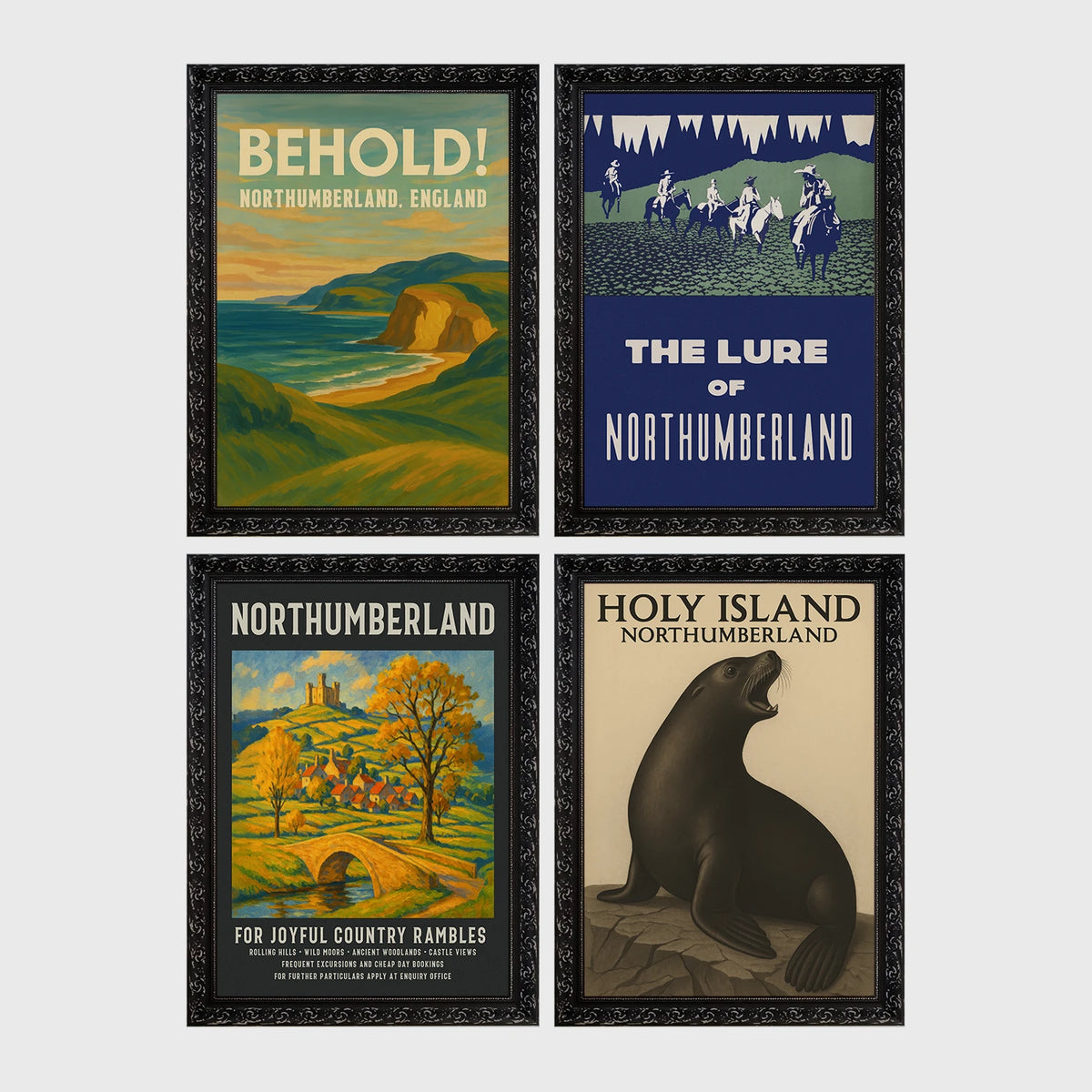 Set of 4 framed prints, vintage Northumberland travel posters: a "Behold! Northumberland, England" coastal landscape poster; a "The Lure of Northumberland" poster of riders at night; a "Northumberland - For Joyful Country Rambles" village poster; and a "Holy Island Northumberland" poster featuring a seal — unframed