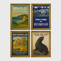 Set of 4 framed prints, vintage Northumberland travel posters: a "Behold! Northumberland, England" coastal landscape poster; a "The Lure of Northumberland" poster of riders at night; a "Northumberland - For Joyful Country Rambles" village poster; and a "Holy Island Northumberland" poster featuring a seal — unframed