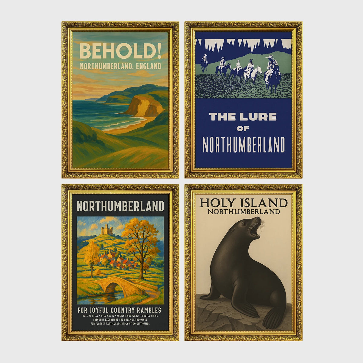 Set of 4 framed prints, vintage Northumberland travel posters: a "Behold! Northumberland, England" coastal landscape poster; a "The Lure of Northumberland" poster of riders at night; a "Northumberland - For Joyful Country Rambles" village poster; and a "Holy Island Northumberland" poster featuring a seal — unframed