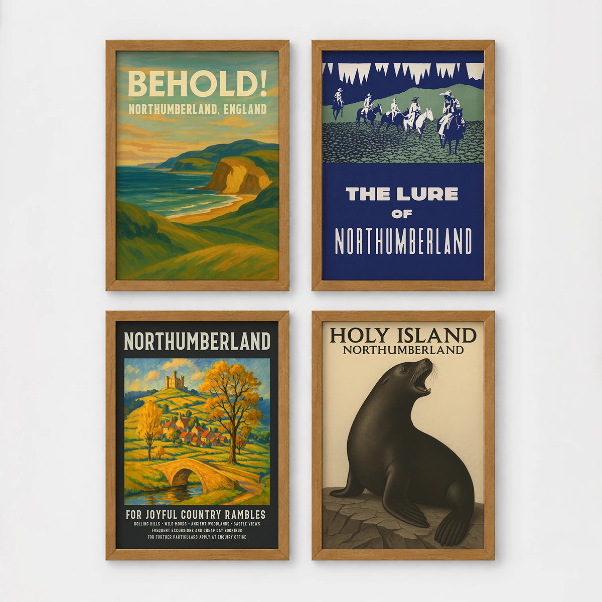 Set of 4 framed prints, vintage Northumberland travel posters: a "Behold! Northumberland, England" coastal landscape poster; a "The Lure of Northumberland" poster of riders at night; a "Northumberland - For Joyful Country Rambles" village poster; and a "Holy Island Northumberland" poster featuring a seal — unframed