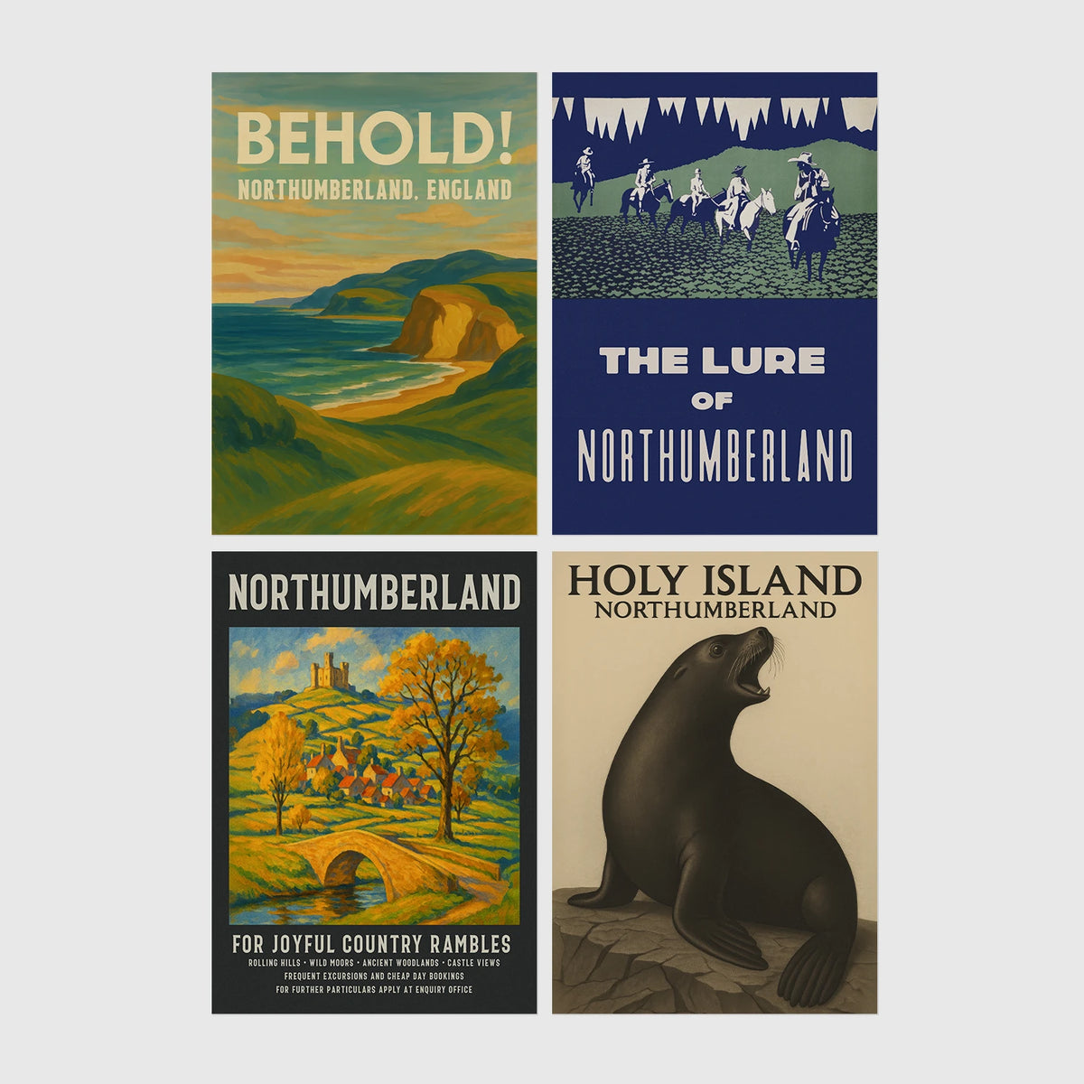 Set of 4 framed prints, vintage Northumberland travel posters: a "Behold! Northumberland, England" coastal landscape poster; a "The Lure of Northumberland" poster of riders at night; a "Northumberland - For Joyful Country Rambles" village poster; and a "Holy Island Northumberland" poster featuring a seal — unframed