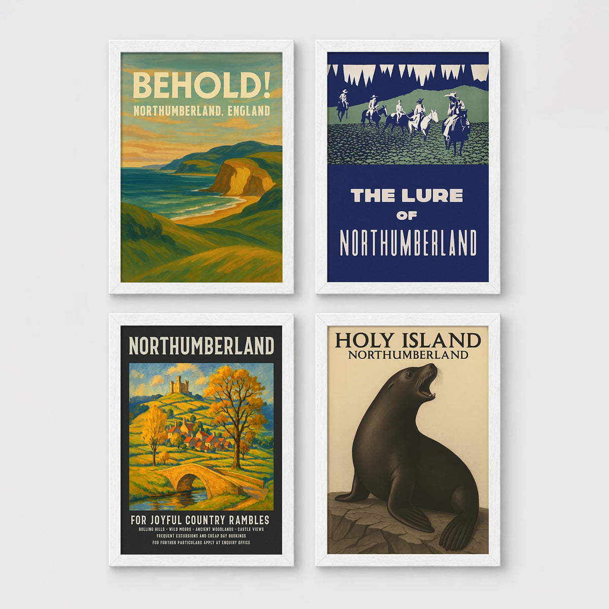 Set of 4 framed prints, vintage Northumberland travel posters: a "Behold! Northumberland, England" coastal landscape poster; a "The Lure of Northumberland" poster of riders at night; a "Northumberland - For Joyful Country Rambles" village poster; and a "Holy Island Northumberland" poster featuring a seal — unframed