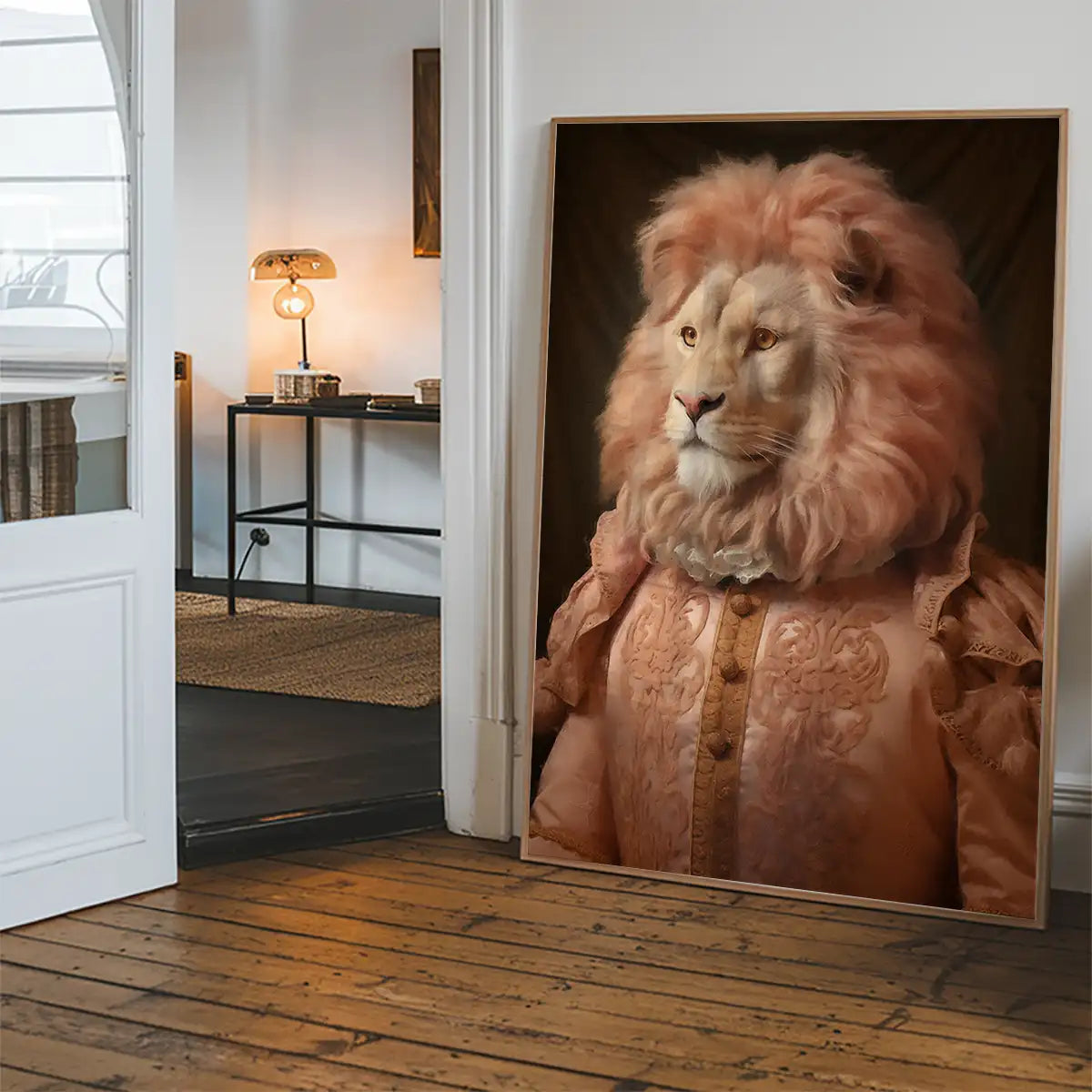 Lion in Peach Jacket Animal Portrait Print