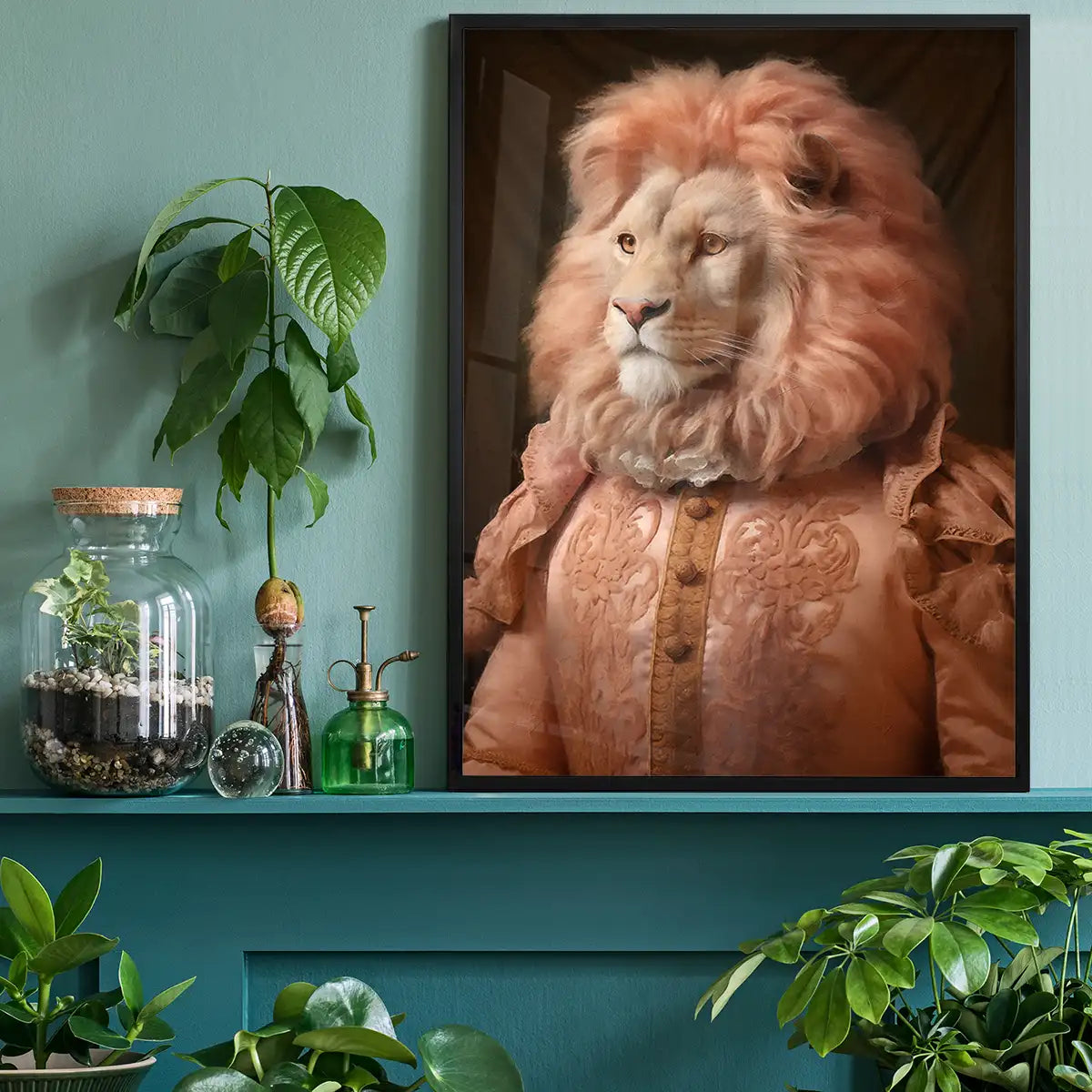 Lion in Peach Jacket Animal Portrait Print