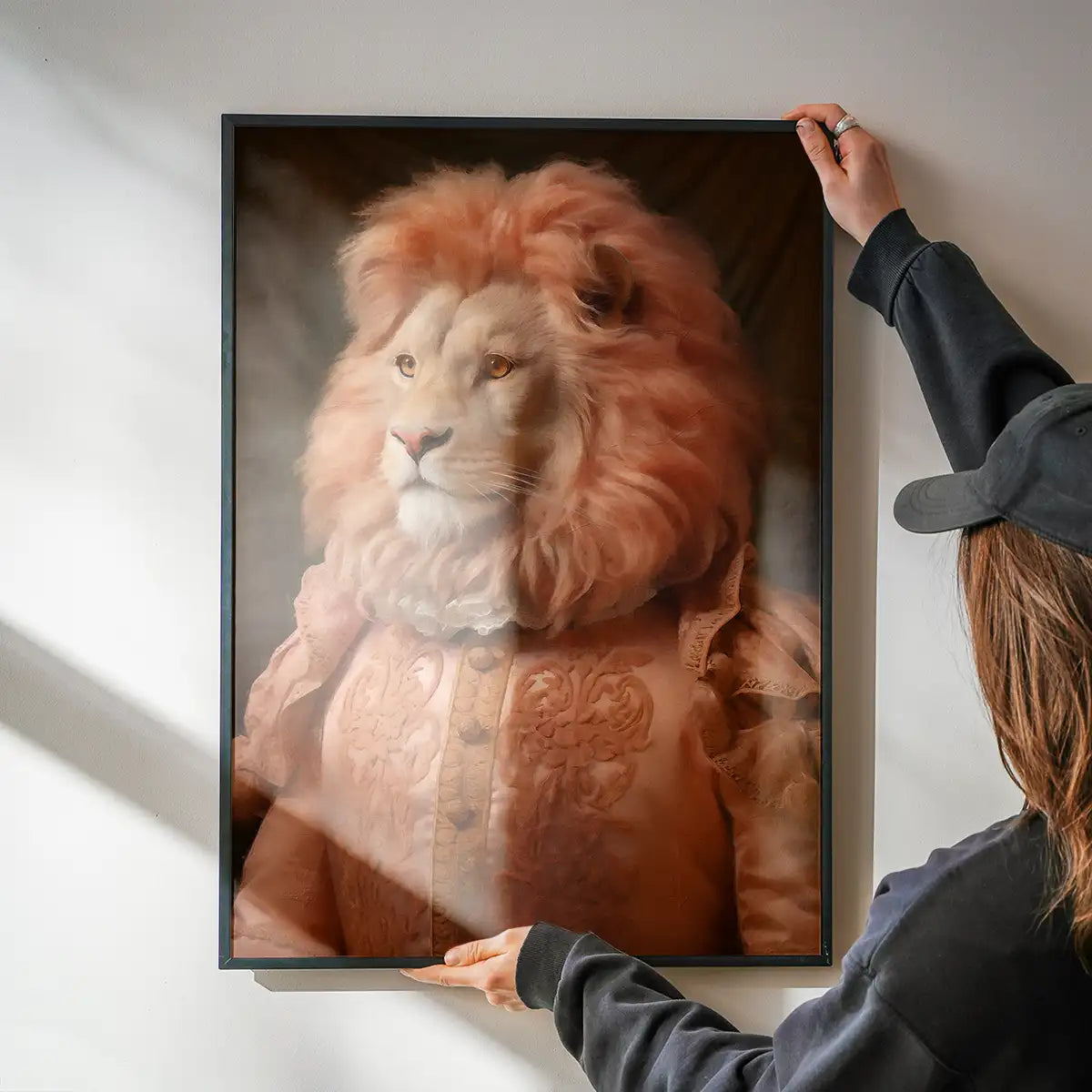 Lion in Peach Jacket Animal Portrait Print