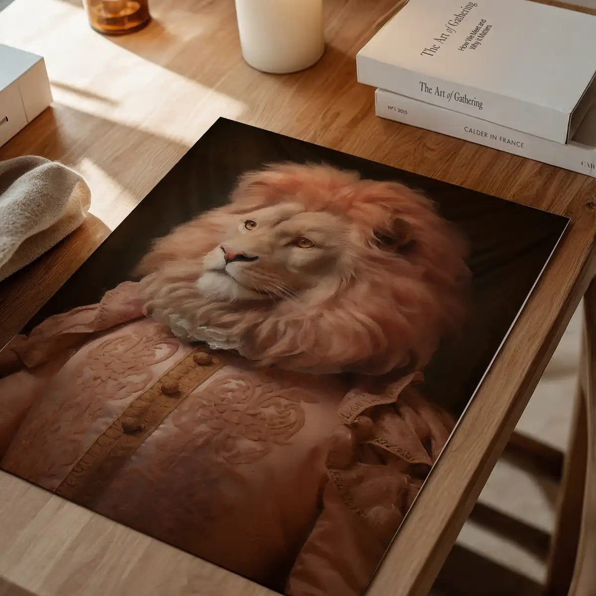 Lion in Peach Jacket Animal Portrait Print