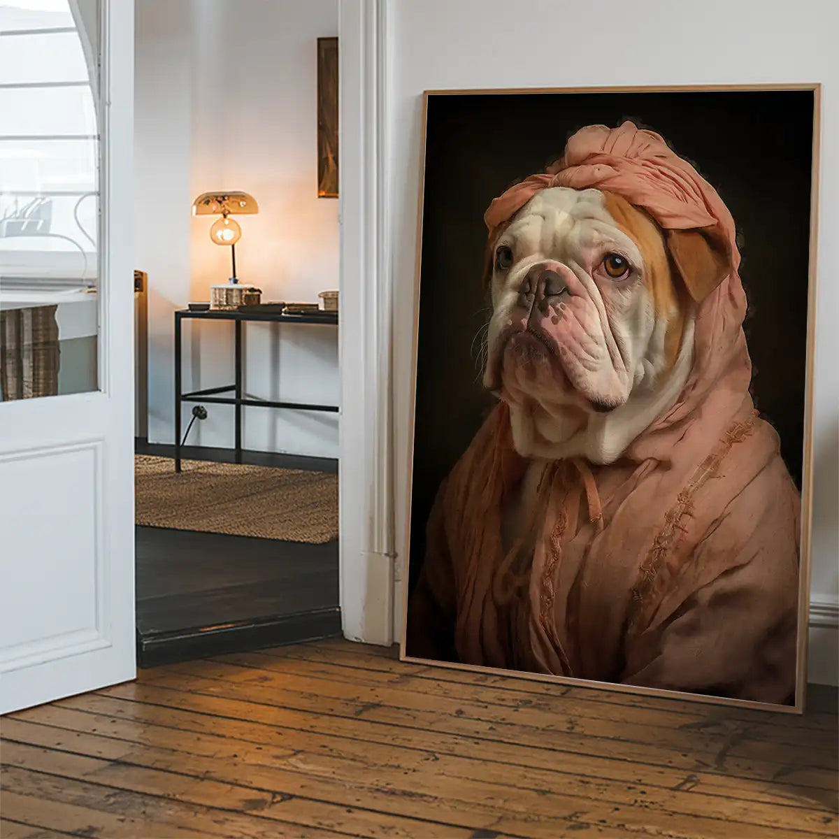 English Bulldog in Peach Outfit Print