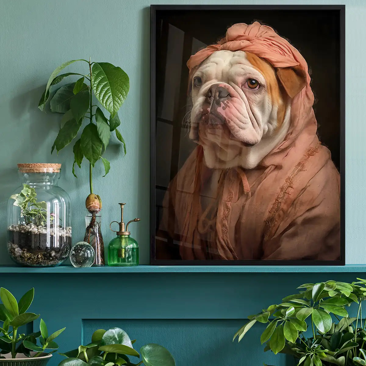 English Bulldog in Peach Outfit Print